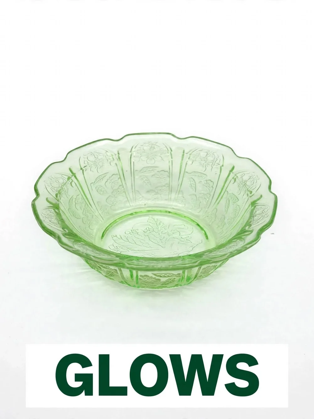Vintage Anchor Hocking Cherry Blossom Uranium Glass 6pc Set 3 Bowl,3 Saucers Set